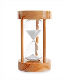 Photo of Hourglass with flowing sand on table against white background. Time management