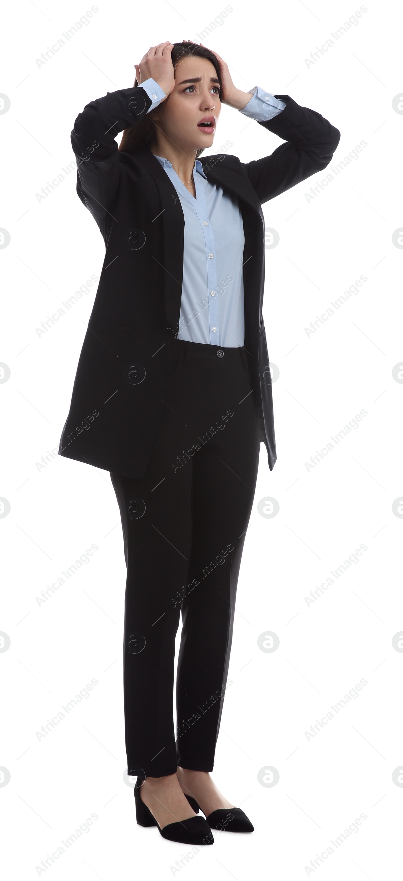 Photo of Young stressed businesswoman in elegant suit on white background