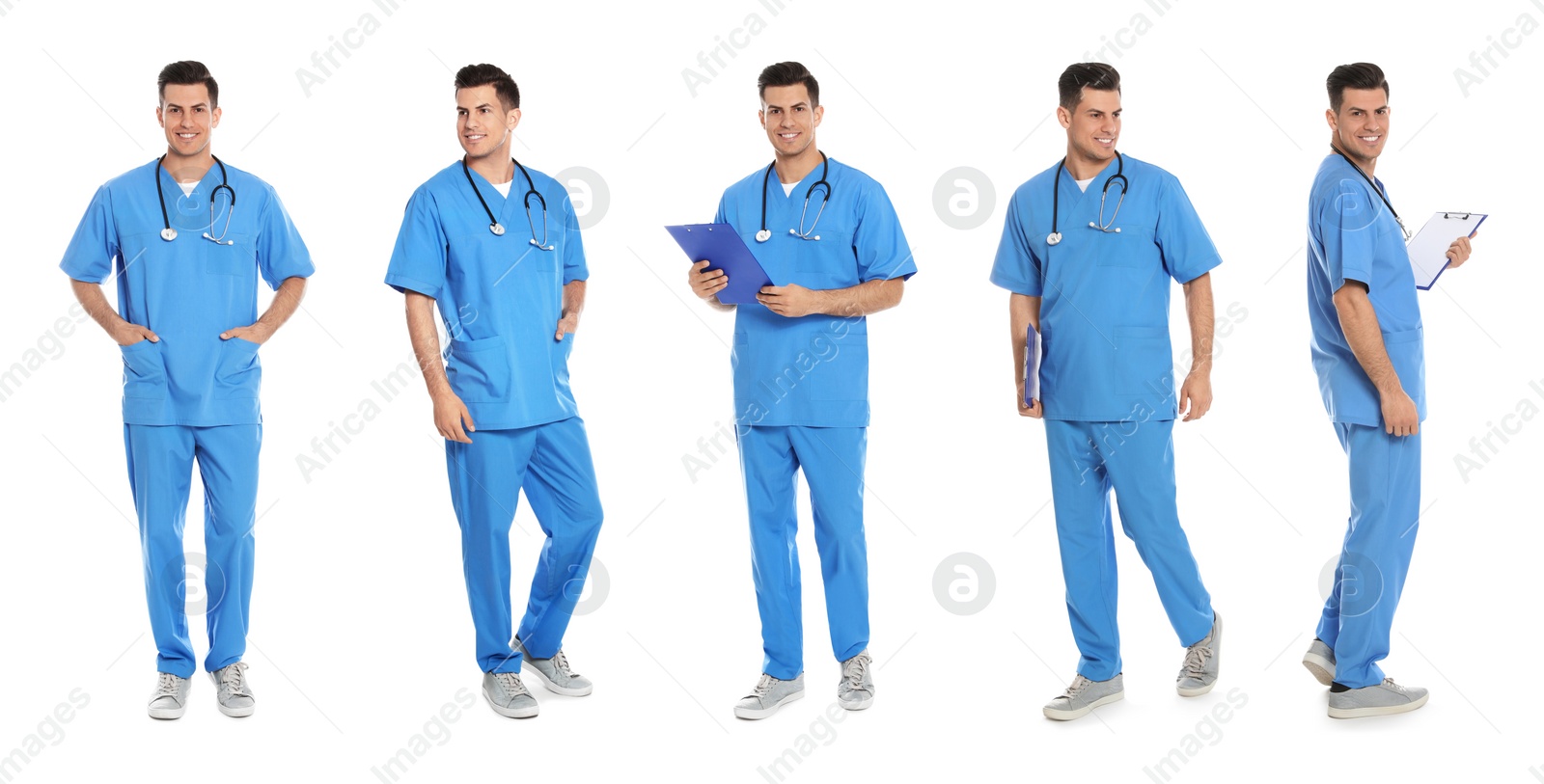 Image of Medical nurse in scrubs on white background, set of photos