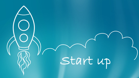 Illustration of Business startup concept.  flying rocket on light blue background