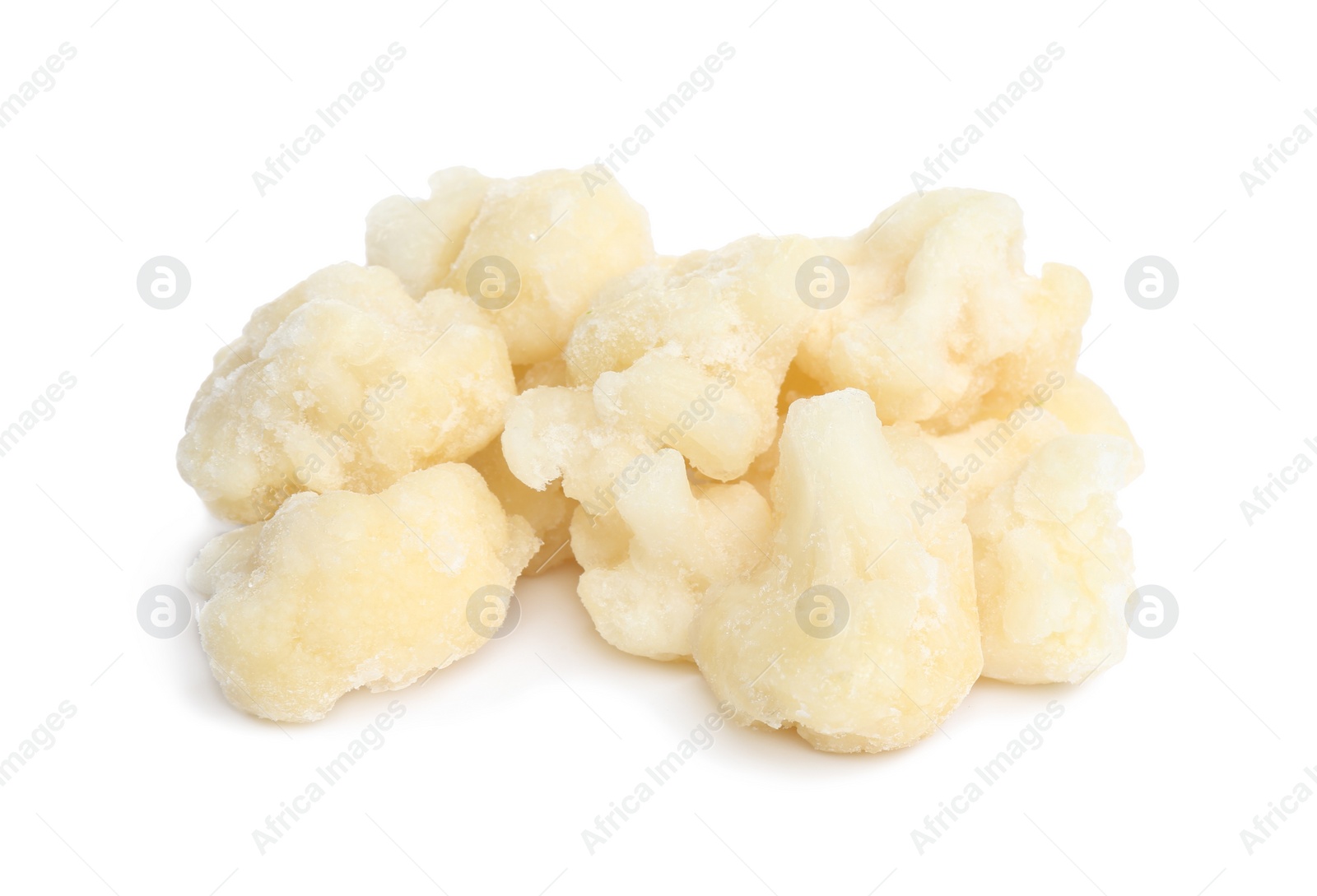 Photo of Frozen cauliflower florets isolated on white. Vegetable preservation