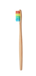 Photo of Bamboo toothbrush on white background. Dental care