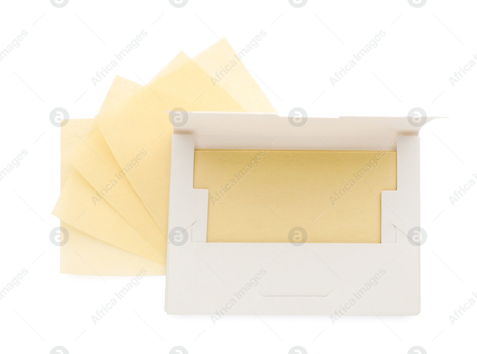 Photo of Package with facial oil blotting tissues on white background, top view. Mattifying wipes