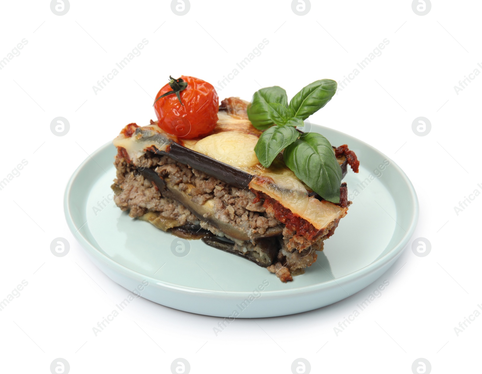 Photo of Plate of delicious eggplant lasagna isolated on white