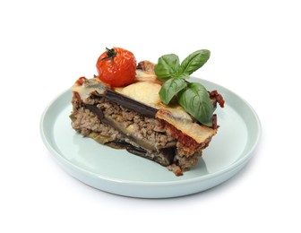 Photo of Plate of delicious eggplant lasagna isolated on white