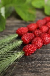 Grass stems with wild strawberries and leaves on wooden table, closeup