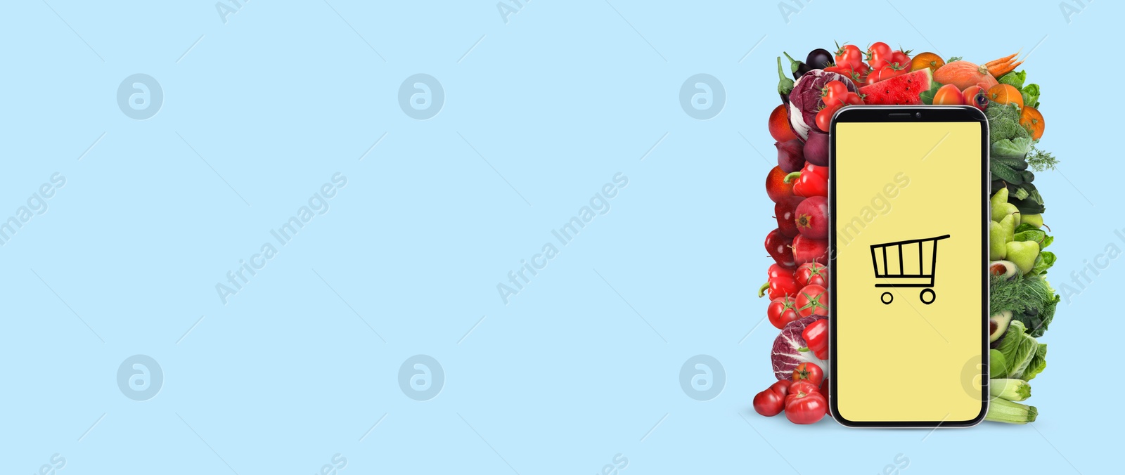 Image of Online purchases. Smartphone with shopping cart icon surrounded by different fruits and vegetables on light blue background. Banner design with space for text