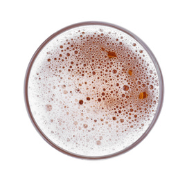 Glass with fresh beer isolated on white, top view