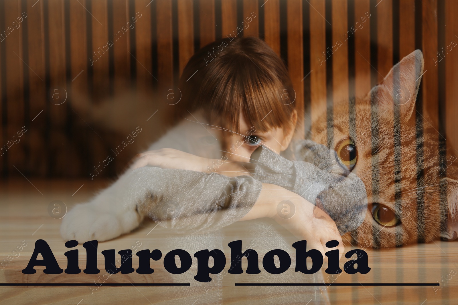 Image of Little girl suffering from ailurophobia indoors. Irrational fear of cats