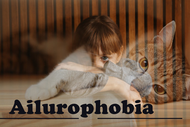 Little girl suffering from ailurophobia indoors. Irrational fear of cats