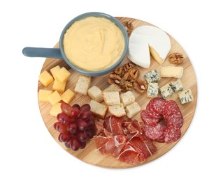 Fondue with tasty melted cheese and different snacks isolated on white, top view