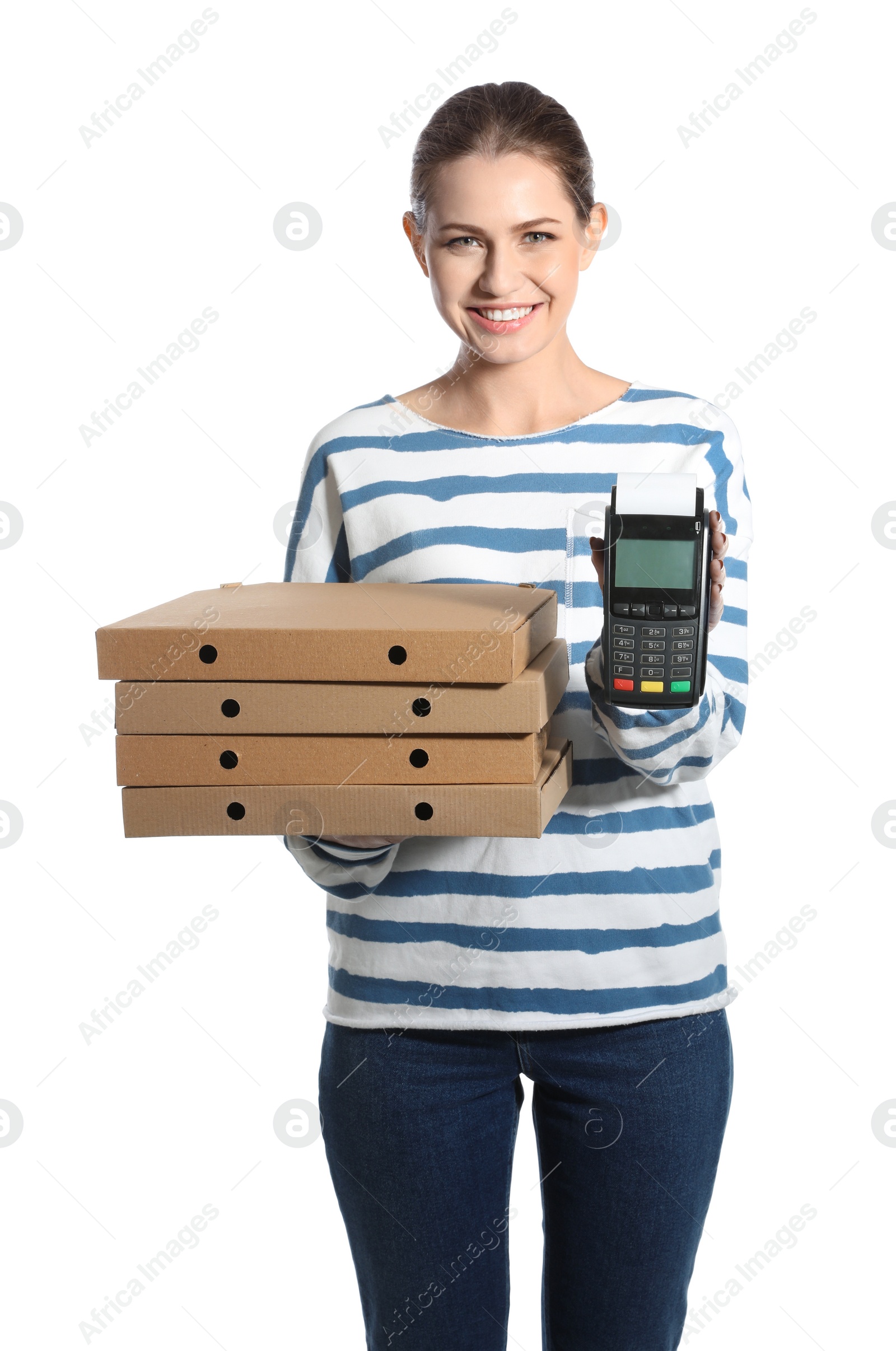 Photo of Smiling courier with pizza boxes and payment terminal isolated on white