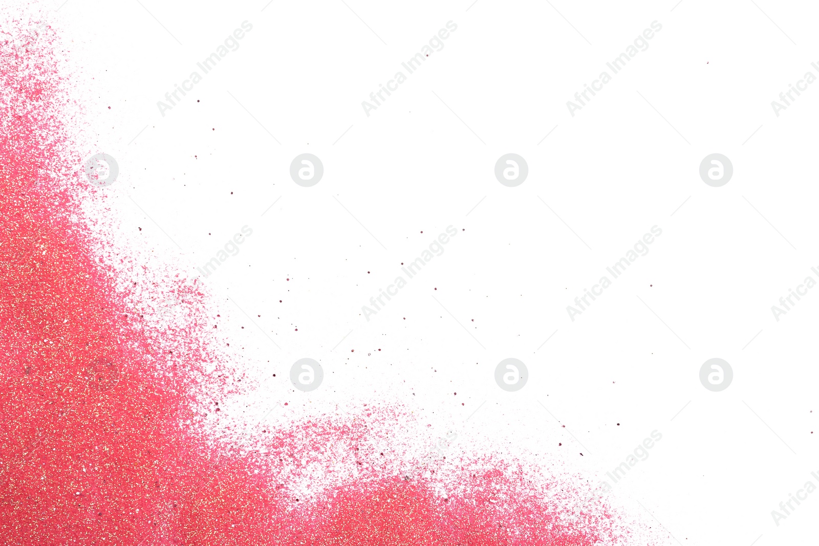 Photo of Red glitter on white background, top view