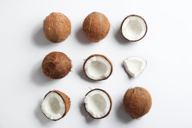 Photo of Coconut pattern on white background, top view