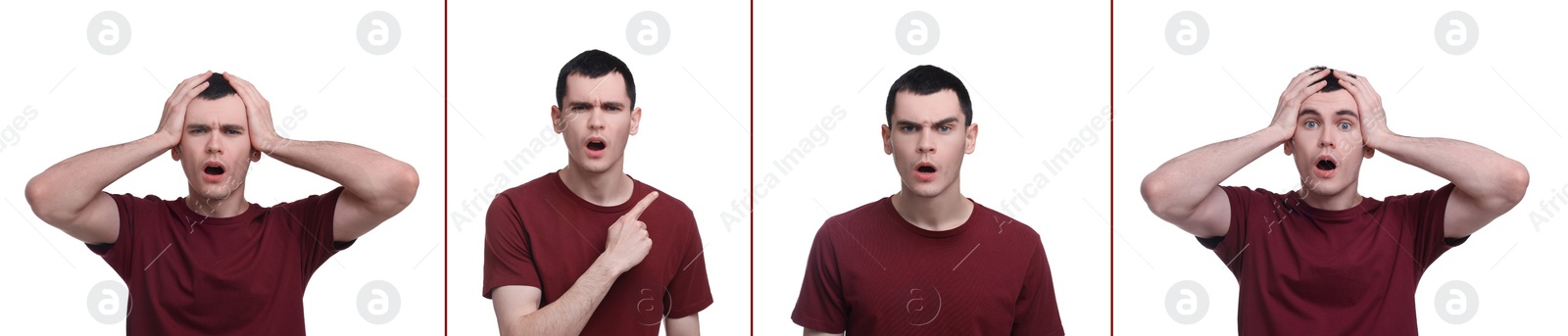 Image of Surprised man on white background, collage of photos