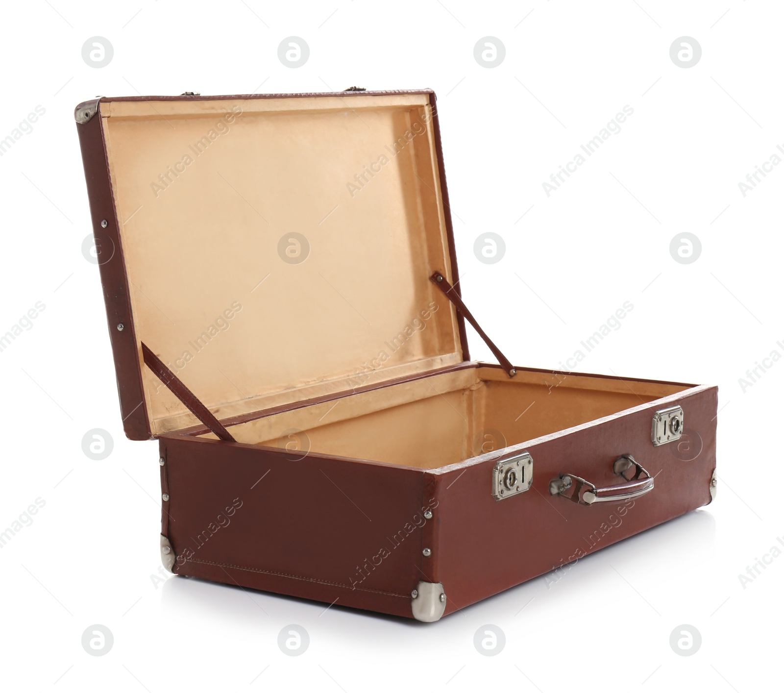 Photo of Open suitcase for travelling on white background