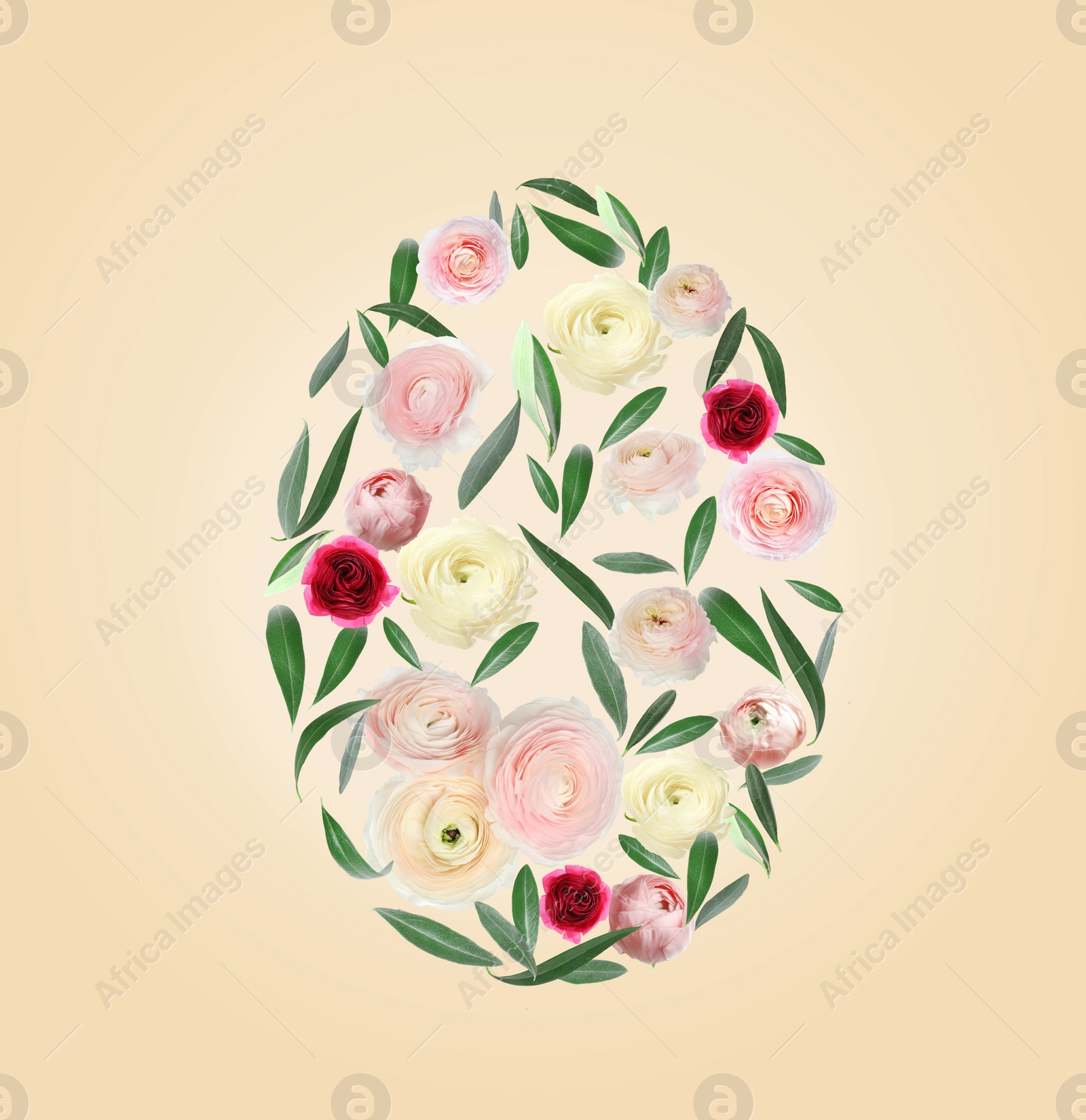 Image of Easter egg shape made of flowers and leaves on beige background, flat lay 