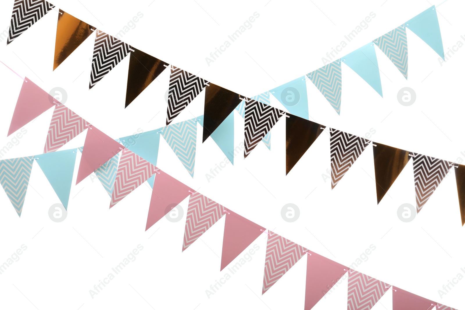 Photo of Rows of triangular bunting flags on white background. Festive decor