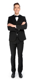 Full length portrait of handsome waiter in elegant uniform on white background