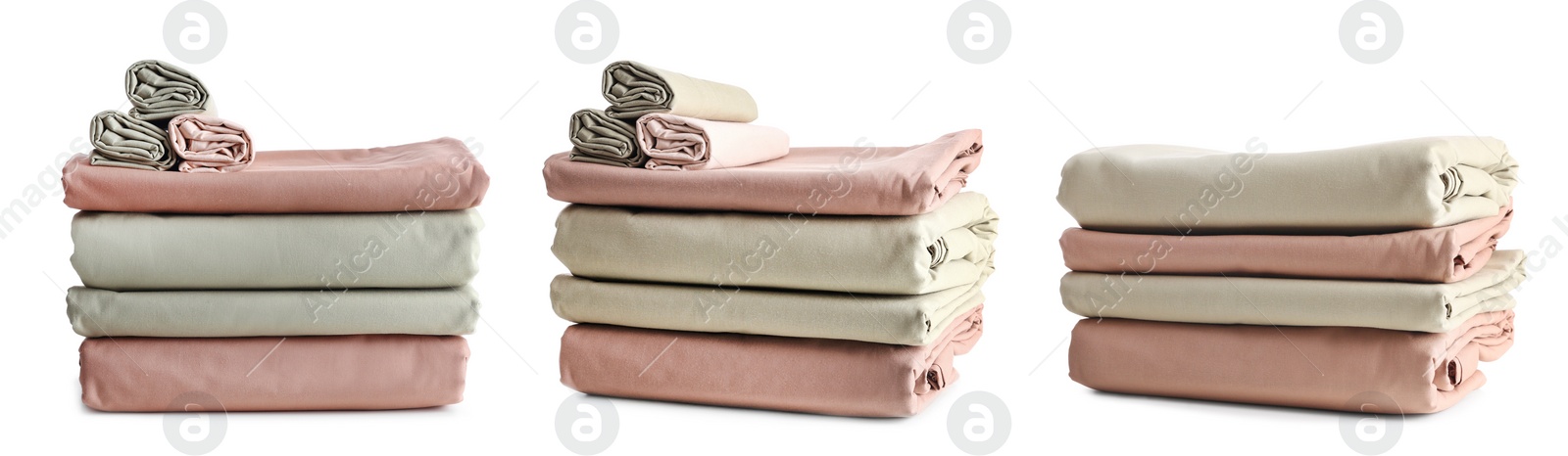 Image of Set with stacks of clean bed linen on white background. Banner design