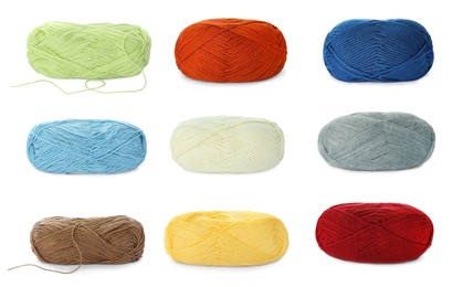 Collage with many different colorful yarns on white background