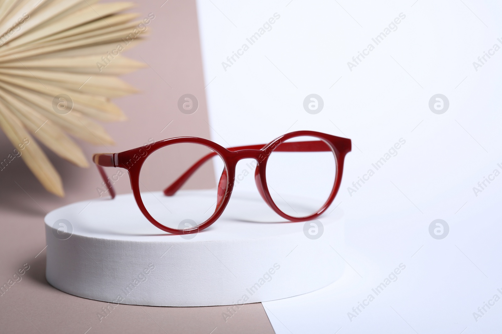 Photo of Stylish presentation of glasses with red frame on color background