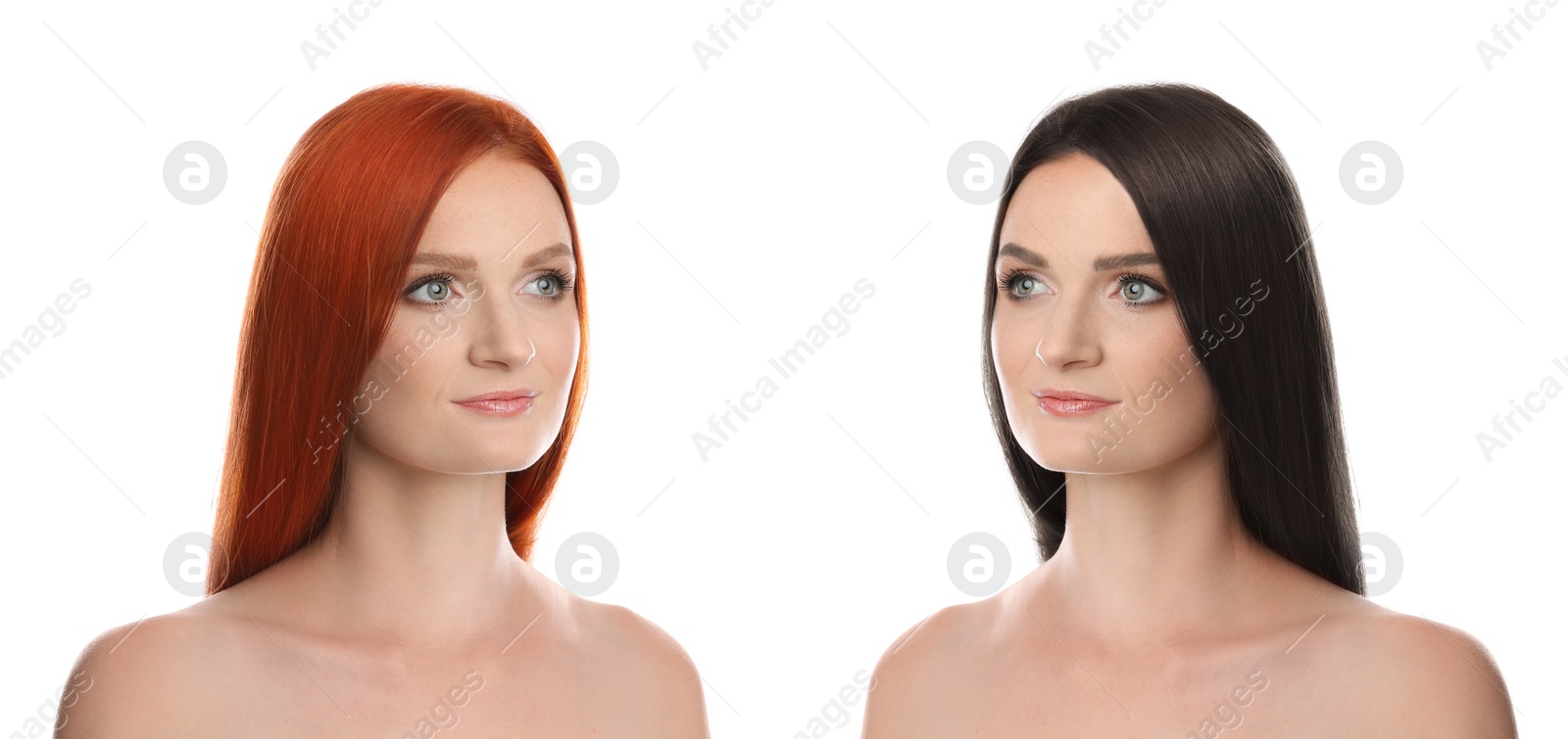 Image of Beautiful young woman before and after hair dyeing on white background, collage. Banner design