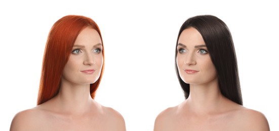 Image of Beautiful young woman before and after hair dyeing on white background, collage. Banner design
