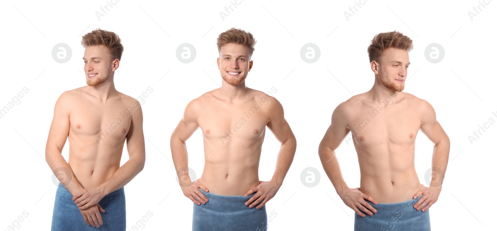 Image of Collage with photos of attractive man with soft towels on white background. Banner design