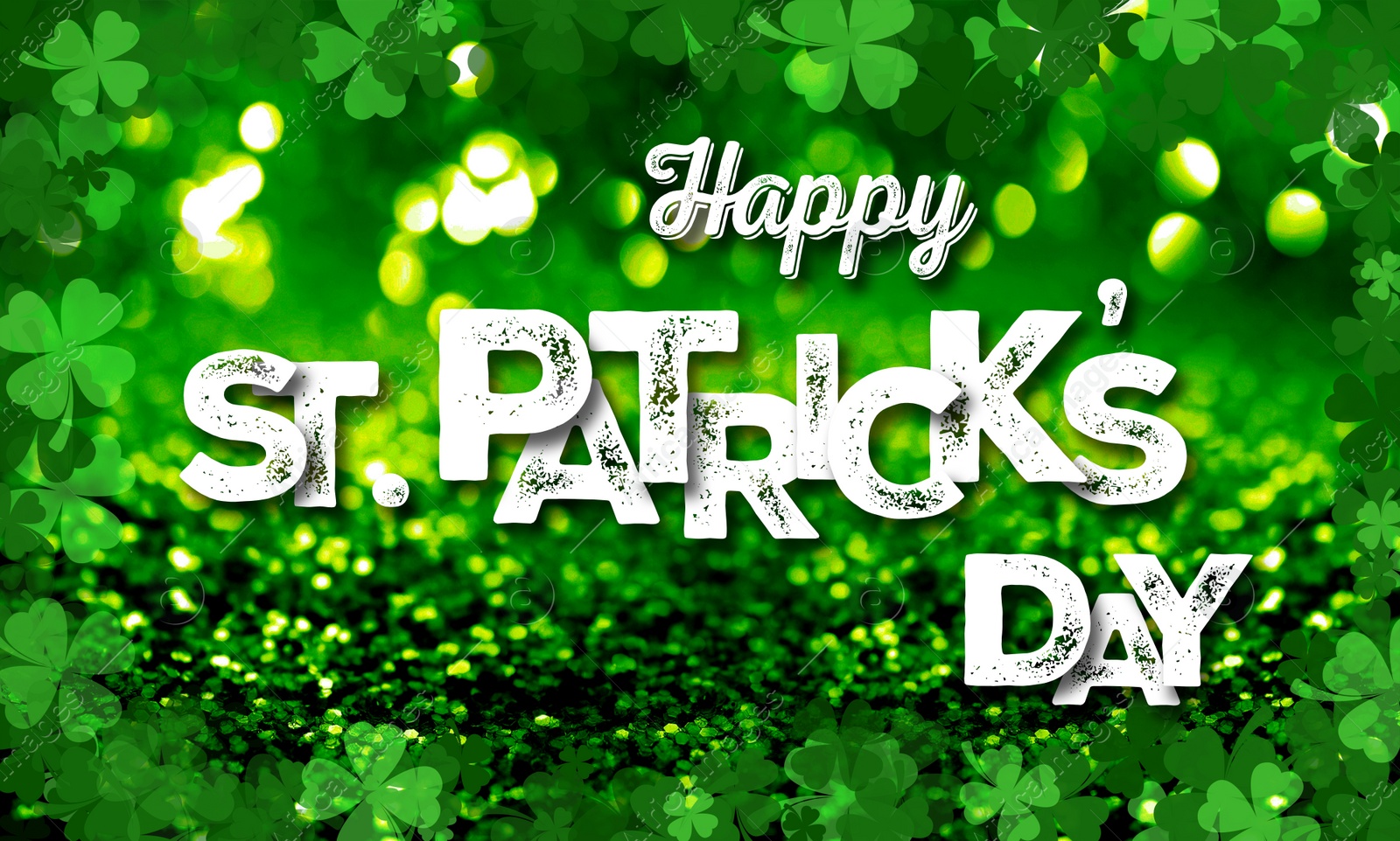 Image of Happy St. Patrick's day card. Text and clover leaf illustrations on green background with bokeh effect