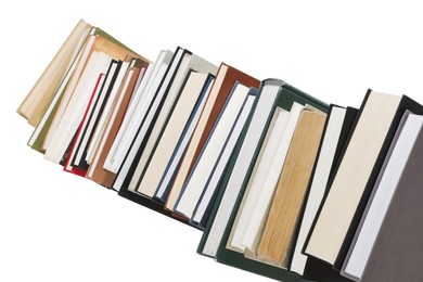 Photo of Stack of many different books isolated on white