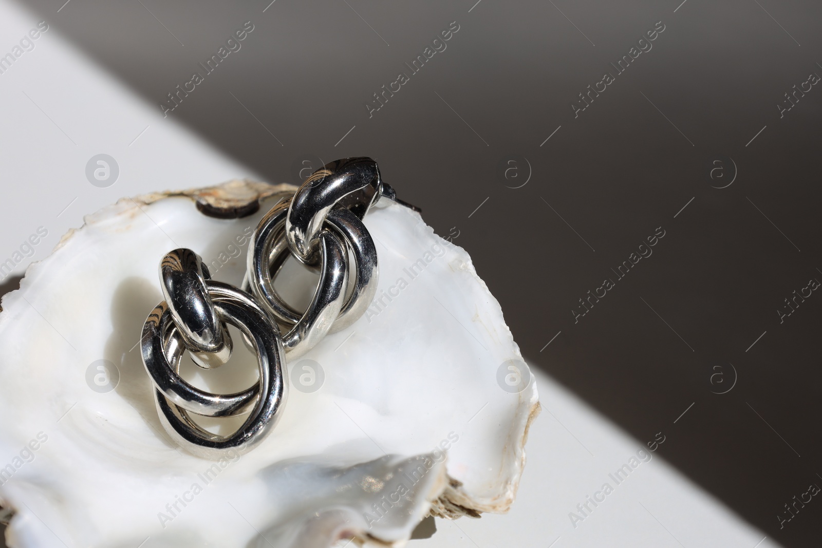 Photo of Stylish metal earrings in seashell on white table, closeup. Space for text