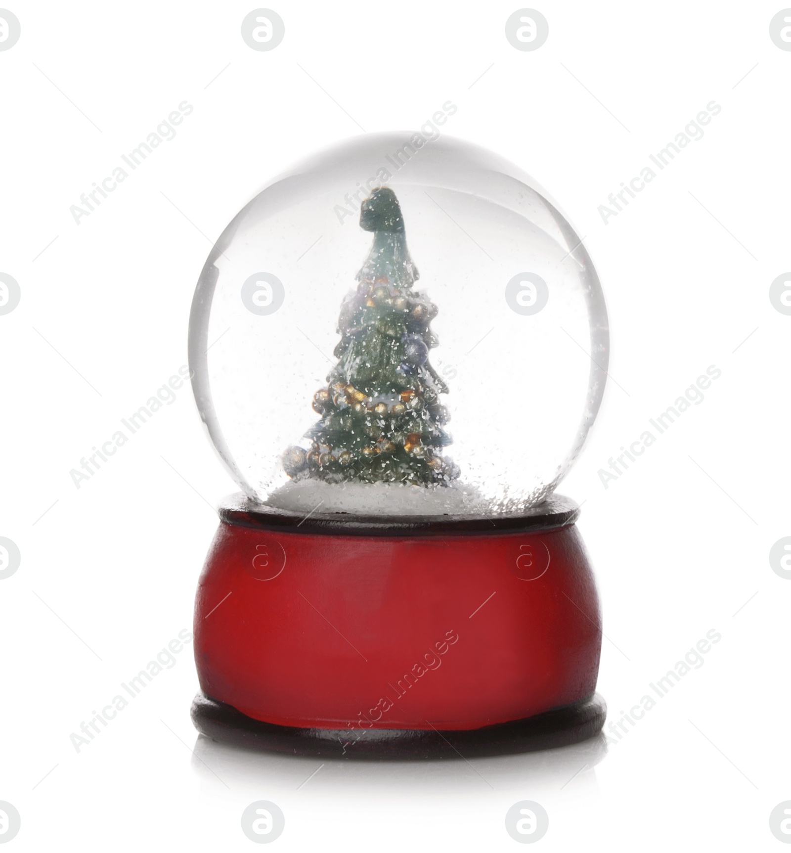 Photo of Beautiful snow globe with Christmas tree inside on white background