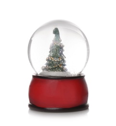 Photo of Beautiful snow globe with Christmas tree inside on white background