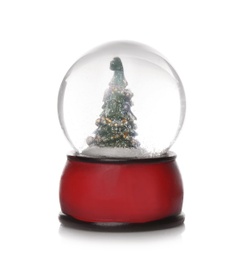 Beautiful snow globe with Christmas tree inside on white background