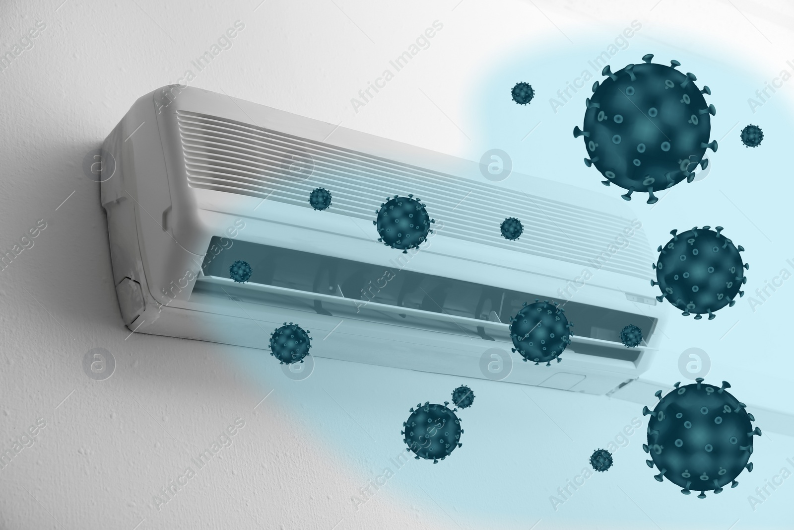 Image of Spreading of viruses. Contaminated air conditioner on white wall indoors