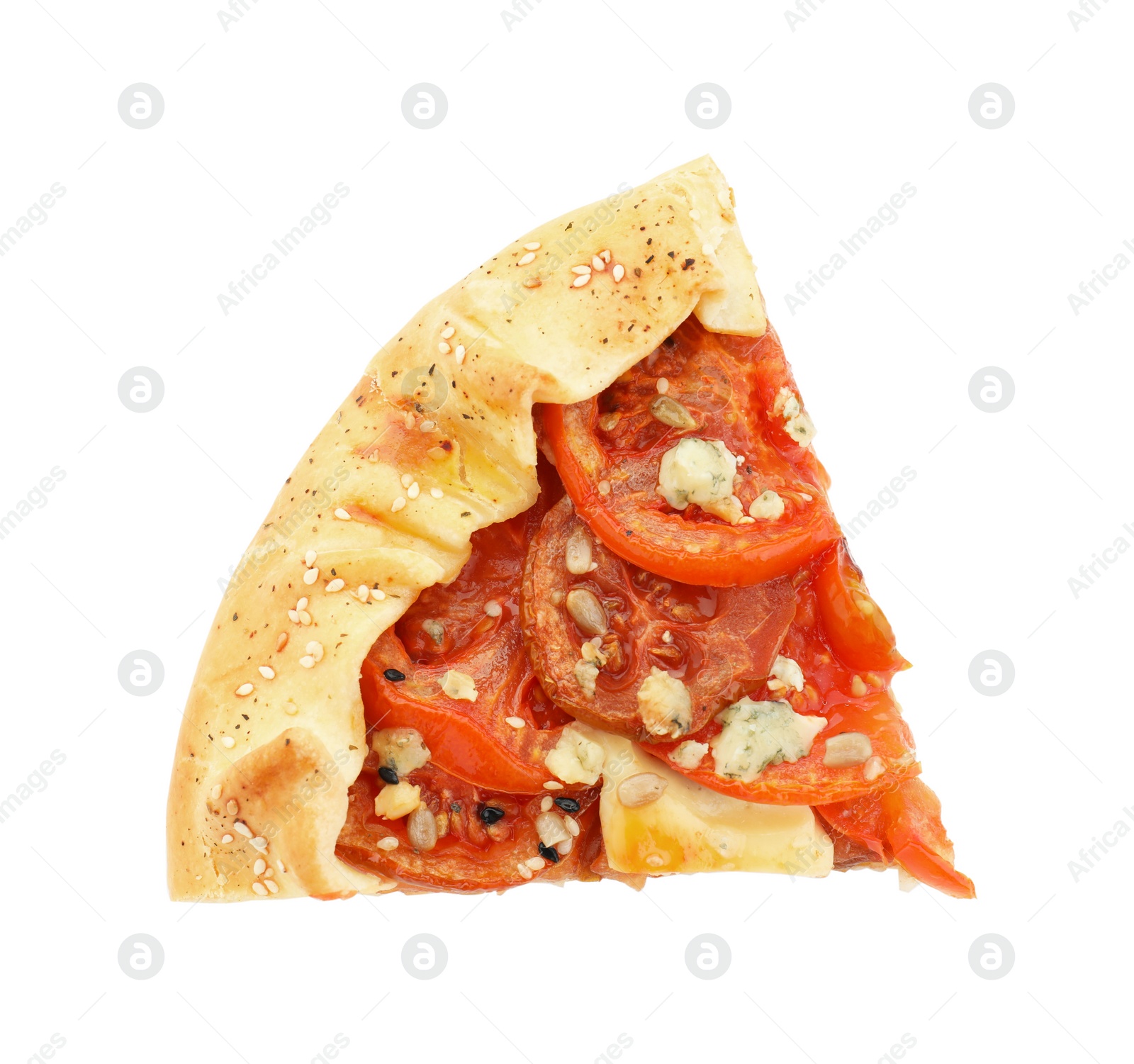 Photo of Piece of tasty galette with tomato and cheese (Caprese galette) isolated on white, top view