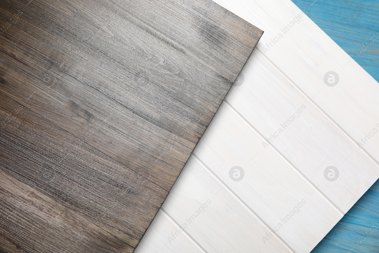 Photo of Different wooden surfaces for photography, flat lay. Stylish photo background