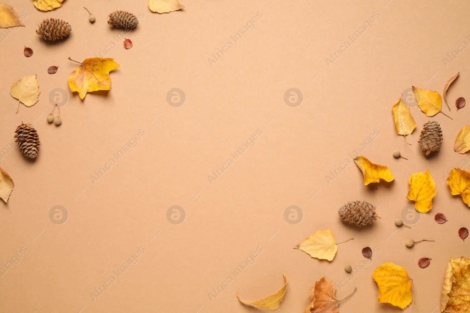 Photo of Flat lay composition with autumn leaves on beige background, space for text