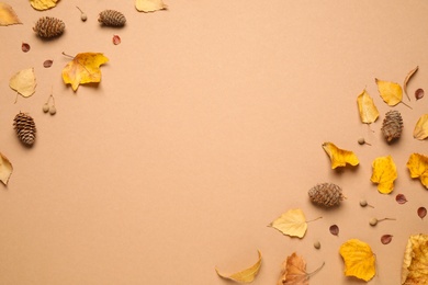 Photo of Flat lay composition with autumn leaves on beige background, space for text