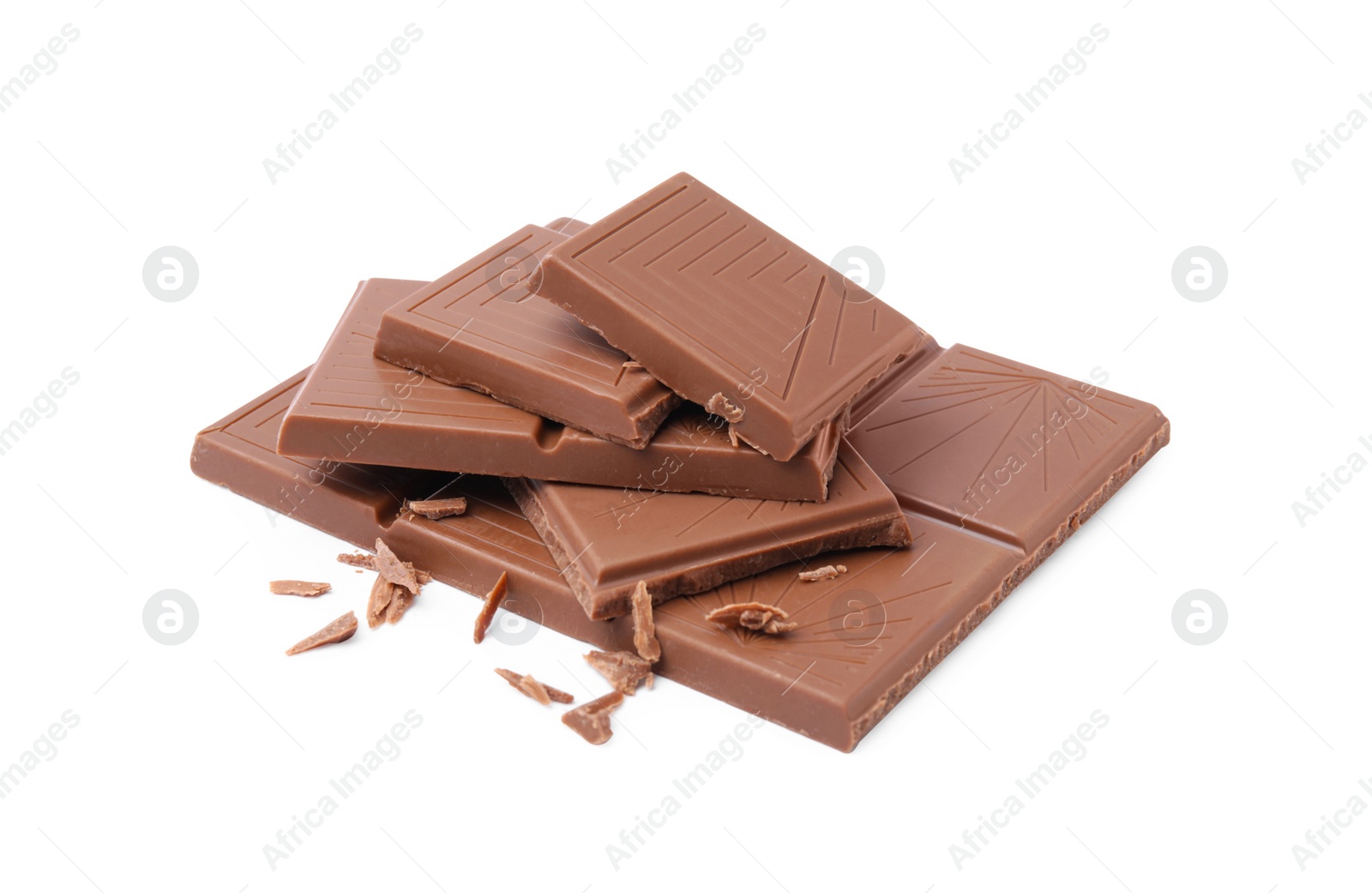 Photo of Pieces of delicious milk chocolate bar isolated on white