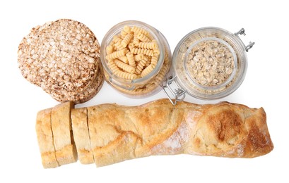 Different gluten free products on white background, top view
