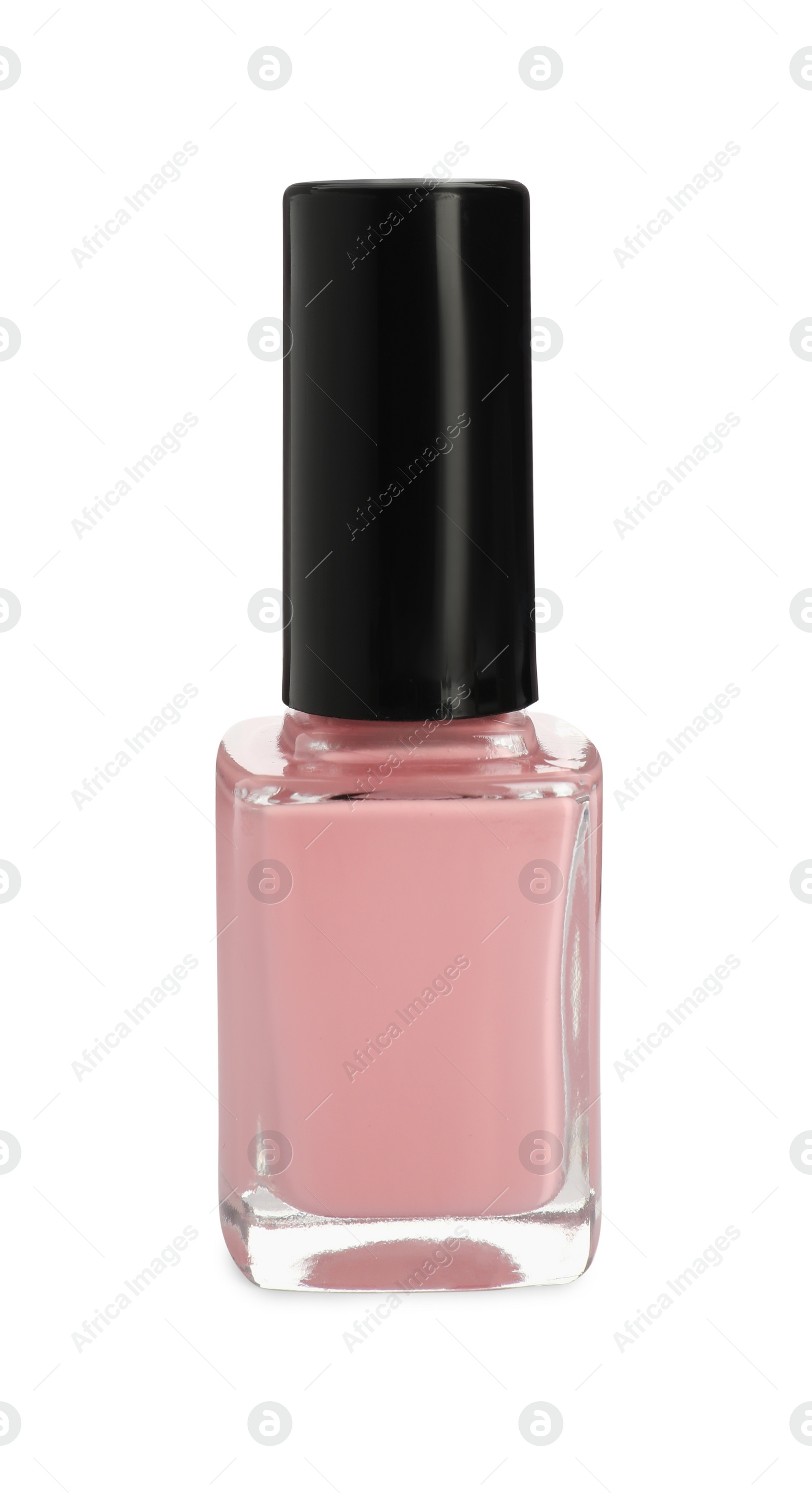 Photo of Pink nail polish in bottle isolated on white