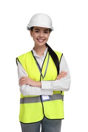 Photo of Engineer in hard hat on white background