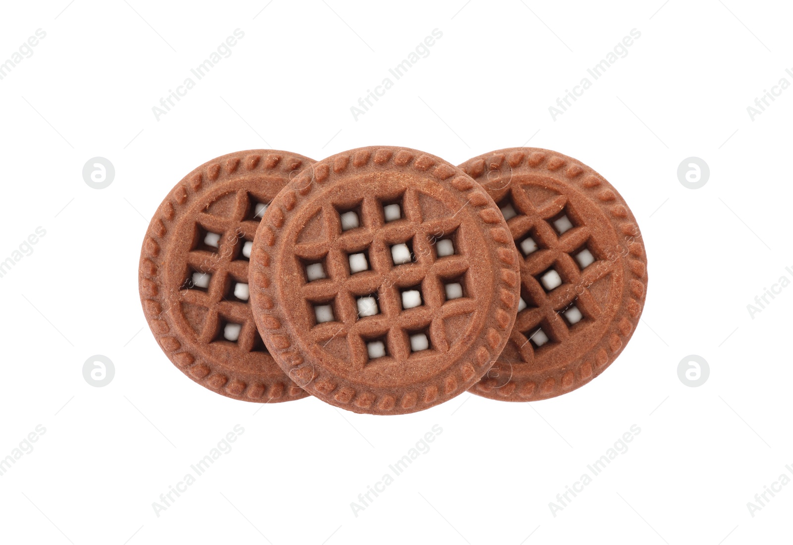 Photo of Tasty chocolate sandwich cookies with cream isolated on white, top view