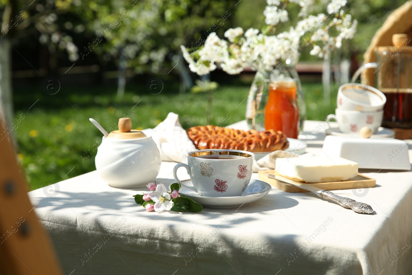 Photo of Beautiful table setting in spring garden on sunny day