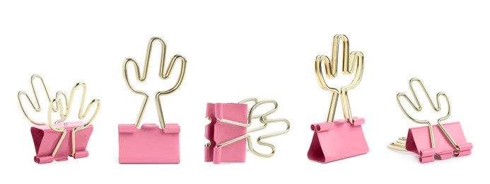 Image of Set with pink binder clips on white background