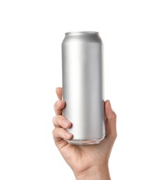 Photo of Woman holding aluminum can on white background, closeup