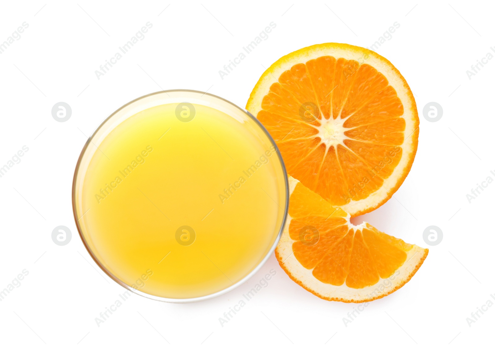 Photo of Glass with orange juice and fresh fruit on white background, top view