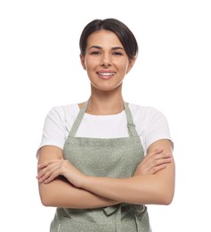 Young woman in green apron on white background